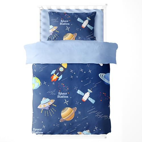 Freyamy Kinderbettwäsche 135x200,Blau Weltraum Motiv Bettwäsche-Sets 2tlg,Sterne Rakete Wende Bettwäsche Mikrofaser mit Reißverschluss für Jungen 1 Bettbezug + 1 Kissenbezüge 80x80cm