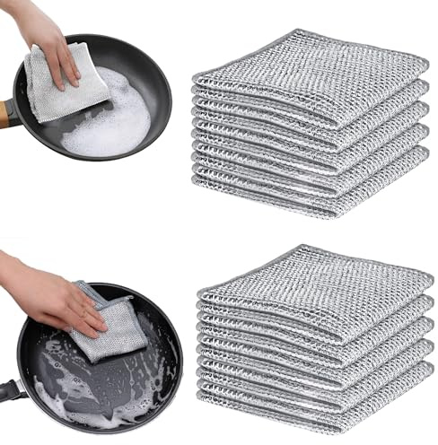 Lot de 10 chiffons de cuisine intelligents en fil métallique durable double couche réutilisables pour laver la vaisselle et nettoyer les éviers Argenté 20 x 20 cm