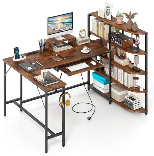 COSTWAY Skrivbord L-format med laddningsstation och bokhylla, hörnskrivbord med monitorstativ, krok och tangentbordshylla, datorbord med metallram, arbetsbord för hem och kontor (brun)