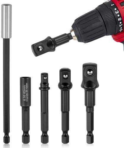 5PCS Impact Socket Adapter Set, 1/4” 1/2” 3/8” Impact Grade Socket Adapter with 60mm/150mm Magnetic Extensions 1/4 Hex Shank for Drills Screwdrivers Power Hand DIY Tool