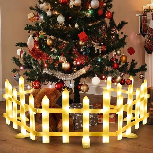 FormiPow LED Christmas Tree Fence, 5 Pack 1.75M White Plastic Picket, Warm White Lighted Decorative Garden Picket Fence Edgings for Xmas Kids Pets Home Lawn Party Decorations(35X28CM)