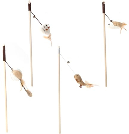 ibasenice 4 pièces Set de Jouets Plume pour Chat avec Poignée Antidérapante Baguette Interactive avec Clochette et Peluche Accessoires pour Animaux Styles Variés pour Jeu à