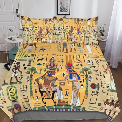 Mural Egipcio Juego De Cama De Microfibra Suave, King（220x240cm） Funda Nórdica, Egyptian-God-List Juego De Funda Nórdica Transpirable Beddling Set con Invisible Cremallera