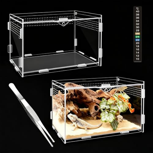 ZHITENG 360°Acryl Terrarium Schnecken, 20x12x12 cm Acryl Terrarium (A) | Enthält Pinzette und Thermometer Transparent Faunabox Atmungsaktiv Reptilienzuchtkoffer Zuchtfall für Spide Eidechse Skorpion