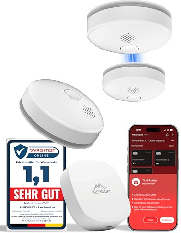 ALPENLUFT Rauchmelder mit Smart App 10 Jahre Batterie, TESTSIEGER Feuermelder Funk und WLAN Vernetzt, Rauchwarnmelder, Brandmelder, Funkrauchmelder Vernetzbar Ohne Bohren, Ohne LED Blinken, 3er + HUB