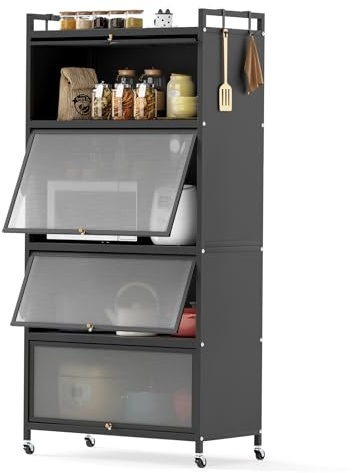 COSTWAY Kitchen Storage Cabinet, 5 Tier Tall Pantry Cupboard with Flip-Up Doors, Hooks, Replaceable Foot Pads & Wheels, Freestanding Bakers Rack Microwave Stand for Living Dining Room (Black)