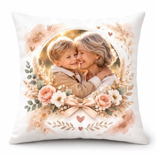 Générique Coussin personnalisé avec Photo 40x40 cm – Modèle Fleurs – Housse satinée avec Rembourrage – Cadeau fête des mères, fête des mamies