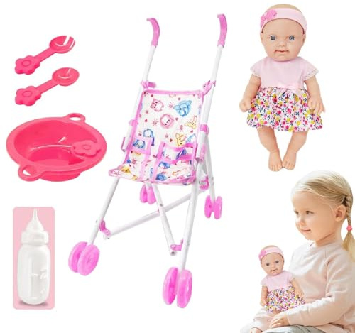 Doll with Stroller - 10 Inchtoddlerdoll Playset, Realistic Pretend Play Accessories, Strong Materialdoll Pram Multipurpose Usage Toy Set | Kids Boys Girls 3+ Years Old Birthday Giffts Indoor