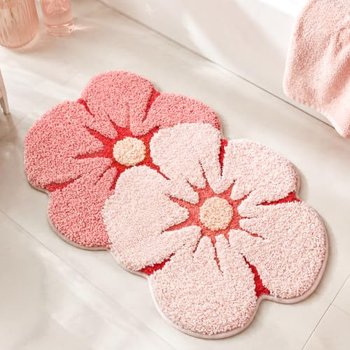 Buwexuxo Alfombra de Baño con Flores Antideslizante Lavable, Rosa Suave Alfombra de Baño Absorbente, Alfombra de Baño Mullida para Baño Cocina Dormitorio, 45 x 70 cm