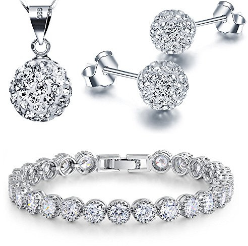 Kim Johanson Damen Schmuckset *Avery* in Silber I Halskette mit Anhänger & Ohrringen aus 925 Sterling Silber I Armband rhodiniert I Mit weißen Kristallen besetzt inkl. Schmuckbeutel