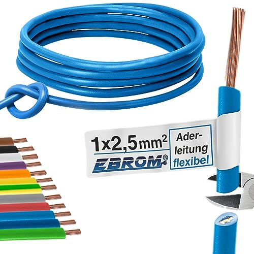 EBROM Aderleitung Einzelader flexibel H07V-K 2,5 mm² - hellblau, 10 m | von 5 bis 100 m bestellbar - 2,5 mm2 - Litze, Schaltlitze, Einzelader flex, PVC Leitung, Verdrahtungsleitung, Schaltdraht