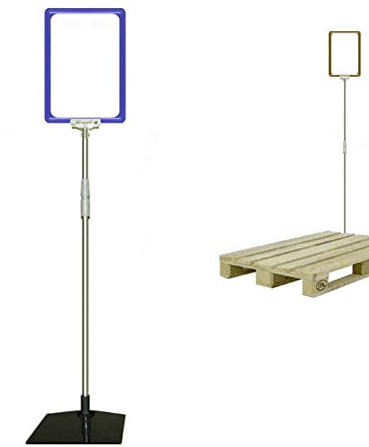12 Plakatständer DIN A5 Rahmen blau, Teleskopständer höhenverstellbar bis 1510 mm mit Teleskoprohr ALU Kunststoff, Fuß eckig 160x192 mm Stahl schwarz, Kundenstopper, Aufsteller für Paletten Ware
