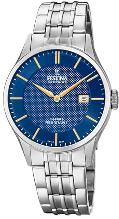 Festina Swiss Made Herrenuhr Analog aus Edelstahl 316l Silberfarben | Quarz, Kalender, Widerstandsfähiges Saphirglas, Wasserdicht 10 ATM Klassisch F20005/3 Classic Steel