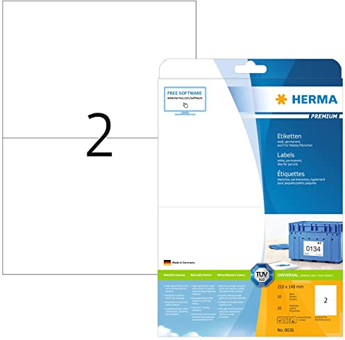 HERMA 8636 Versandetiketten, 320 Blatt, 210 x 148 mm, 2 pro A4 Bogen, 640 Stück, selbstklebend, bedruckbar, matt, blanko Papier Adressetiketten Aufkleber, weiß