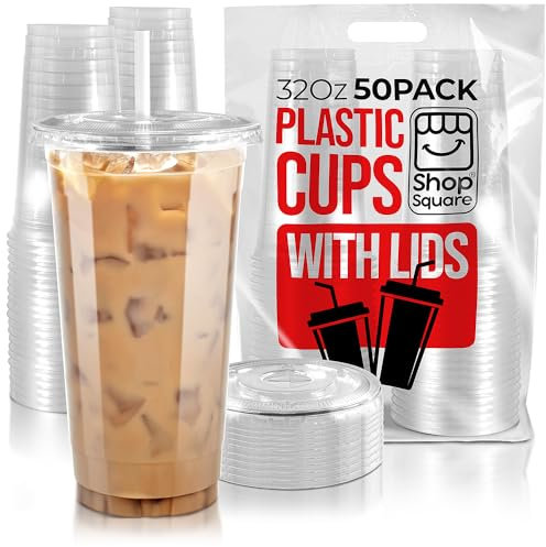Shop Square 32 oz Plastic Cups with Lids (50 Pack) - Disposable Clear Cups for Iced Coffee, Boba, Milk Tea, Smoothies, and Fruit Shakes for Parties, Cafes, Restaurants