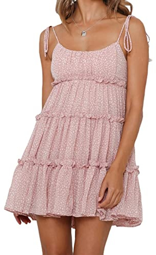 Mansy Womens 2026 Summer Floral Mini Dress Boho Flowy Skater Dresses Short Sleeveless Ruffle Spaghetti Strap Dress Pink