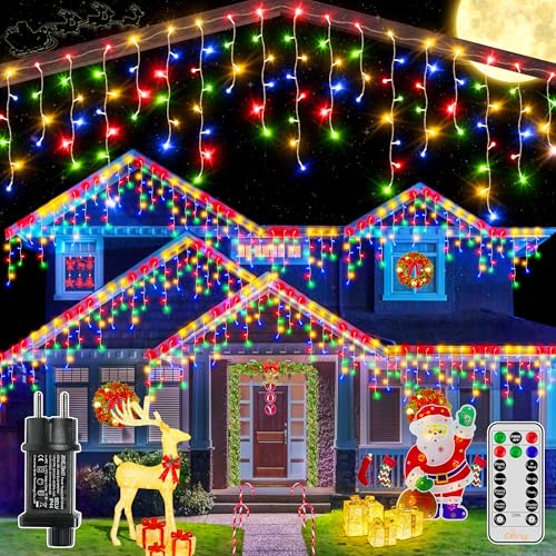 Ollny Eisregen Lichterkette Außen 12m, 504 LEDs Bunt 84 Saiten mit Timer | IP44 wasserdicht, 8 Modi, Fernbedienung & EU Stecker. Perfekte Weihnachtsbeleuchtung für Pavillon, Balkon & Haus