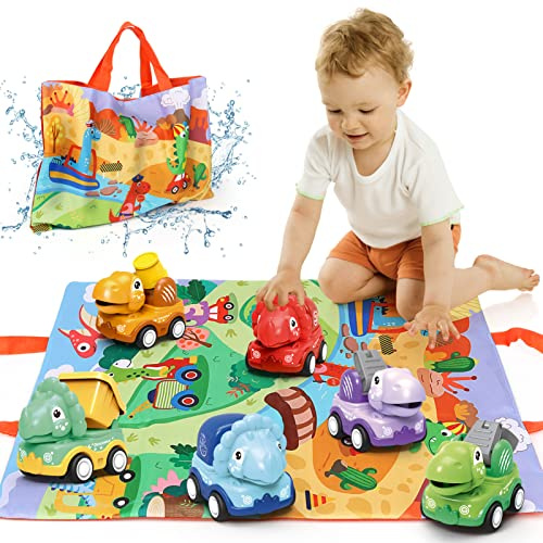 Dinosaure Jouets Voiture, Baby Jouet Voiture à Tirer pour 1 2 3 Ans Garçon, 6 Pièces Pousser Aller Jouer avec Tapis de Jeu et Sac Stockage, Enfant Jeux Anniversaire Cadeau pou 12 18 Mois Fille