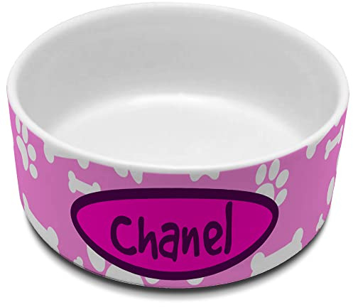 Hundenapf für Hunde. Trinkschale mit Namen. Personalisierter Futternapf aus Keramik. Volumen 1100 ml. Rosa Pfotenmotiv.