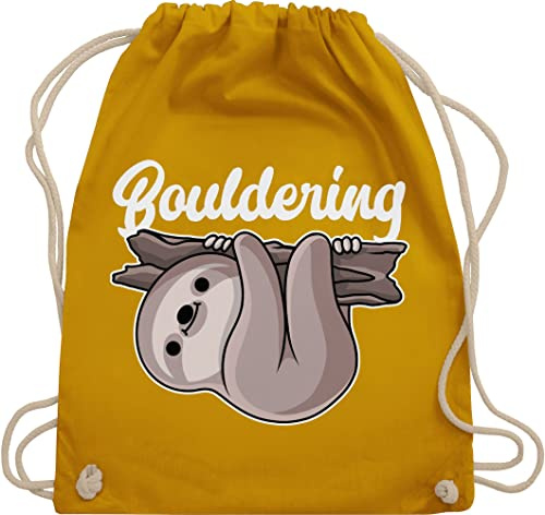 Turnbeutel Rucksack - Bouldering mit Faultier - weiß - Unisize - Senfgelb - klettern kinderturnbeutel sport beutel tasche kinder 25. geburtstag stoffrucksack stofftasche beuteltasche sportbeutel