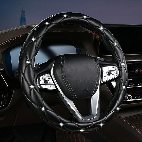 Bling Diamant Strass Auto Lenkradbezug,38CM / 15'' Leder Lenkradabdeckung Anti Rutsch Lenkradhülle Atmungsaktiv Lenkradschutz Lenkradschoner Glitzer Autozubehör für Männer Damen,Schwarz