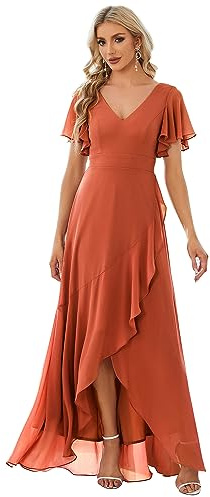 Ever-Pretty Vestito da Damigella Lungo con Volantes con Spacco Scollo a V Maniche Corte Elegante Abito da Damigella Arancione 40