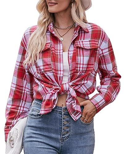 seiveini Chemise à Carreaux Femme Manches Longues Blouse Chemisier Ecossaise en Flanelle Classique Automne Printemps A Rouge XL