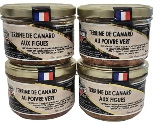 2 Terrine d'anatra con fichi e 2 Terrine d'anatra al pepe verde - Conserva da 180 g ciascuna - Origine France