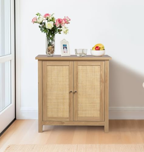 Hallowood Furniture Newquay Oak Effect Small Cupboard in Real Rattan Front | 2-Door Laminated Oak Cabinet w/ Adjustable Shelf, Boho Style Hallway, Bedroom & Kitchen Wooden Storage Cabinet w/ Real Rattan