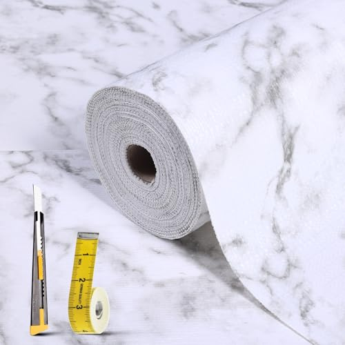 Drawer Liners Non-Slip Shelf Liner for Kitchen Cupboards -45x900cm | White Marble Waterproof Cabinet Liner, Easy Cut Drawer Organiser for Wardrobe, Refrigerator, Countertop, Knife & Tape Measure