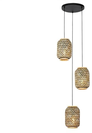 Qazqa Oriental Lámpara colgante oriental bambú negro 3 luces - Yvonne Bambú/Acero Redonda Adecuado para LED Max. 3 x 25 Watt