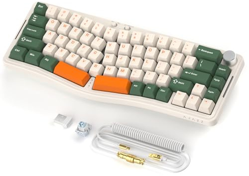 AJAZZ AKS068 Tastiera Da Gioco Meccanica Wireless Con Cavo A Spirale-Verde | Layout Alice A 68 Tasti BT5.0/2.4G/Cablato,Hot Swap RGB, Programmabile VIA Con Manopola CNC, Supporto Guarnizione