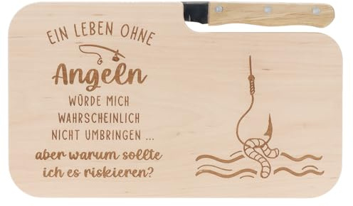 Spruchreif | Brotzeitbrett mit Messer Ein Leben ohne Angeln ist möglich, aber sinnlos – Graviertes Holzbrett mit Angel-Motiv | Lustiges Geschenk für Angler & Naturfreunde