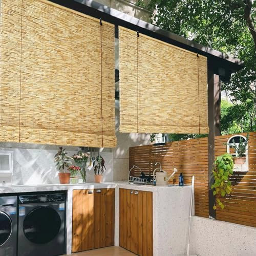 Bambusrollo Outdoor Wetterfest Bambus Rollo Aussenrollos Jalousien Retro Carbonization Handgewebte Natural Schilf Vorhang Sichtschutz für Außen Innen Terrasse Balkon Garten mit Lifter(Color:Natural Wh