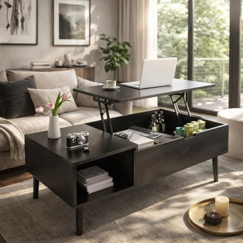 DUMOS Couchtisch Höhenverstellbar, Qualität Wohnzimmertisch, Multifunktionales Coffee Table Ausziehbar, Couchtisch mit Stauraum, Geeignet für Wohnzimmer, Schlafzimmer, Büro (Schwarz)