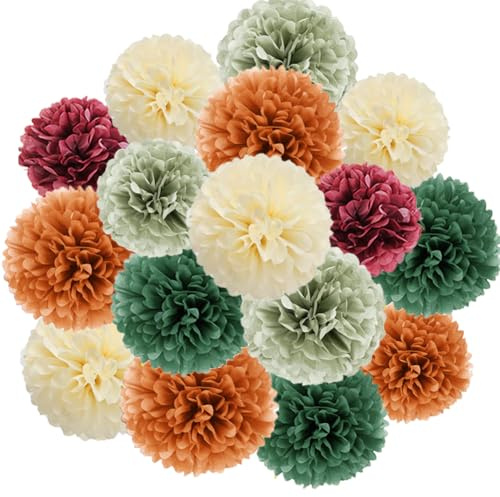 Pompons Deko Herbst Salbeigrün Retro 16 Stück Herbstdeko Pompom Deko Salbei Orange Rot Beige Olivgrün für Herbst Babyparty Junggesellenabschied Frauen Boho Geburtstagsdeko Gartenparty Hochzeit