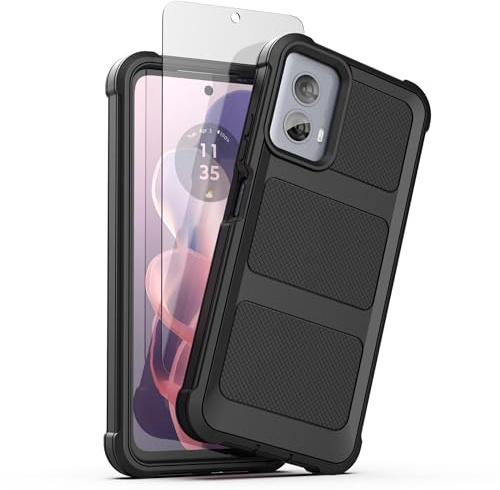 ENCASED Rugged Case for Moto G Power 5G 2024 Phone Case with Tempered Screen Protector, Protective Full Body Cover (Black) (2024)