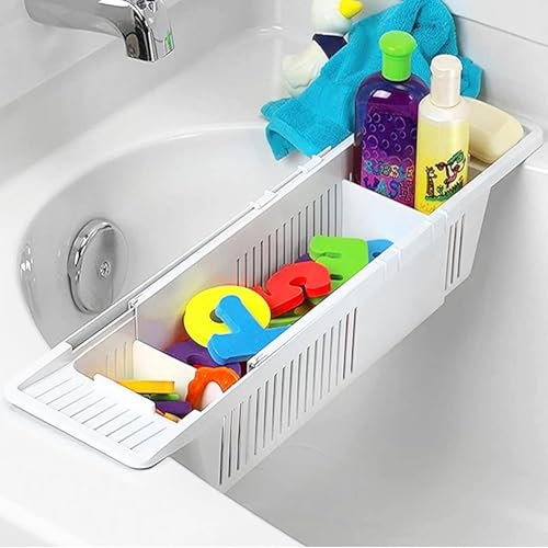 MantraRaj Extendable Bath Caddy Tray for Bathtub - Adjustable Table Over Tub - Bathroom Accessories and Storage for Kids Toys - Fits Most Sizes