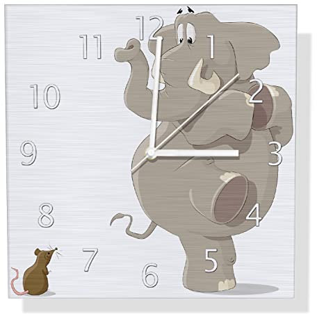 Wallario Design Wanduhr Elefant erschrickt vor Maus aus Aluverbund, Alu-Uhr Größe 30 x 30 cm, weiße Zeiger mit Metalloptik