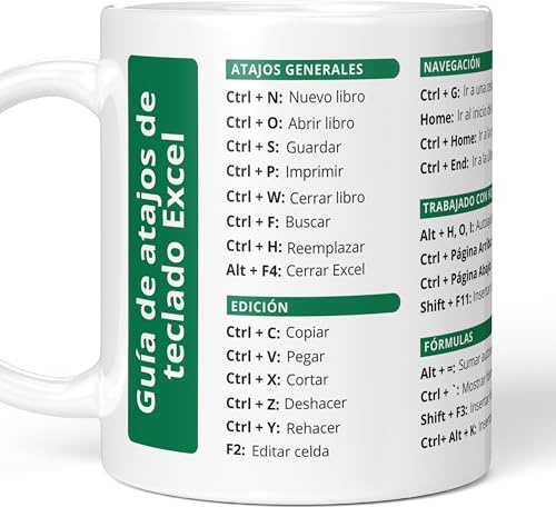 LA CASA DE LAS TAZAS® Taza con Atajos de Excel - Excel Español - Atajos de Excel - Excel Pad - Fórmulas Excel