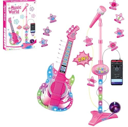 Ensemble guitare et microphone pour enfants, jouets de guitare avec musique et lumière colorée, microphone réglable en hauteur avec support, machine à karaoké (rose)