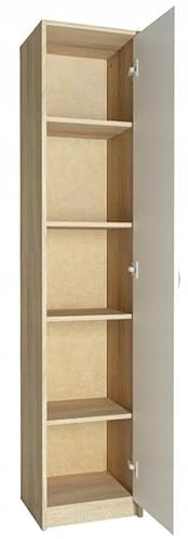 MATKAM Bücherregal Regal R8, B/H/T 39x180x35cm mit Türen, ideal für Büro, Diele Wohnzimmer, Jugend- oder Kinderzimmer, mit verstellbaren Regalböden und satinierte Griffe (Sonoma Eiche-Weiß)