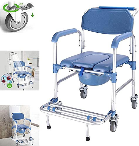 Toilet Chair Commode with a Wheel Chair, Wheelchair Shower Transport Chair Disabled Toilet Stool /4 Wheel Brakes Folding Mobile Toilet for Elderly Disabled 330 Lb