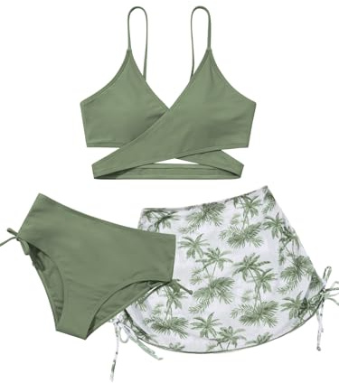 URMAGIC Girls 3 Pieces Swimsuits with Skirts Criss Cross Swim Bathing Suits Teen Girls' Swimwear Adjustable Strap Bikini Set Size 9 10 11 12 13 14 15 16 Years