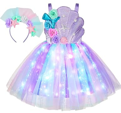 Spooktacular Creations halloween flicka sjöjungfru tutu klänning, snäcka sjöjungfru kostym, LED barn prinsessklänning för Cospaly party, Ljuslila, Small (5-7 yr)