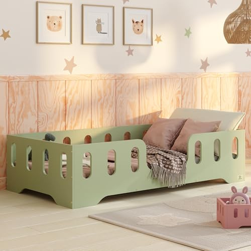 smartwood Bodenbett 80x160 cm mit Rausfallschutz, Holz, Grün, TILA 2 | Montessori Kinderbett, Lattenrost belastbar bis 230 kg, FSC-Zertifikat, abgerundete Kanten, Einfache Montage, ab 3 Jahren