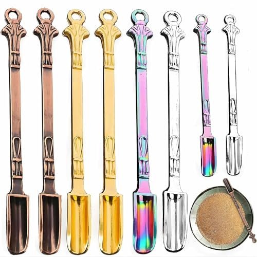Mini cucharas – Paquete de 8 cucharas de rapé vintage, aleación de zinc, 4 colores (oro, plata, bronce, arcoíris), 3.27 pulgadas, medición precisa para polvo, especias y más