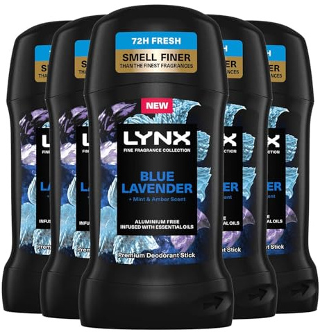 Lynx Fine Fragrance Collection Blue Lavender Deodorant Stick for Men 50ml Pack of 5 Aluminium Free Premium Mens Deodorant Stick with Essential Oils 72H Odour Protection