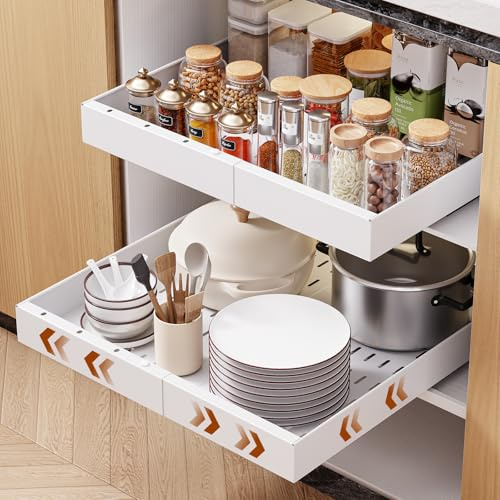 OneDream 2 Pack Pull Out Cabinet Organizer, 21 Deep Slide Out Drawers for Kitchen Cabinets, No Drill Adhesive Pull Out Drawers for Cabinets, Roll Out Shelves Adjustable Width 12.05-20.4