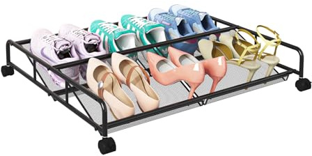 KOSIWU Under Bed Shoe Storage Organizer, Metal Mesh Under Bed Storage Containers with Wheels, Shoe Organizer Drawer Space Saving for Bedroom, 1 Pack